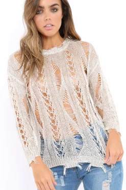 Rebellious Fashion Gold Metallic Distressed Jumper - Hannan