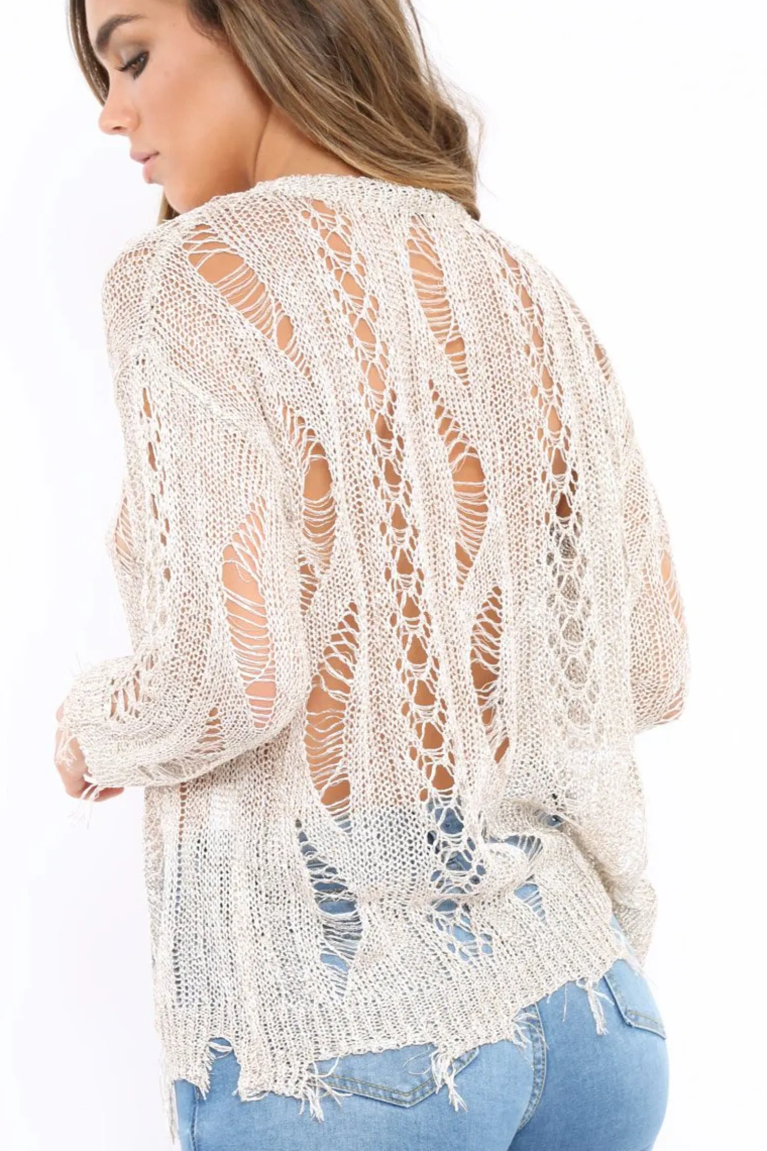 Rebellious Fashion Gold Metallic Distressed Jumper - Hannan