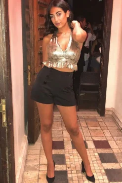Rebellious Fashion Gold Metallic Frill Hem Racer Back Crop Top - Lucie