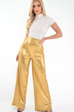 Rebellious Fashion Gold Metallic High Waist Wide Leg Trousers - Lissette