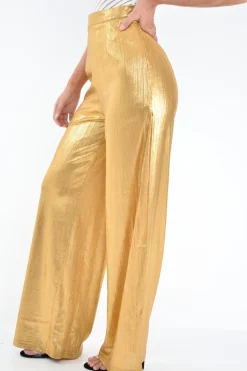 Rebellious Fashion Gold Metallic High Waist Wide Leg Trousers - Lissette