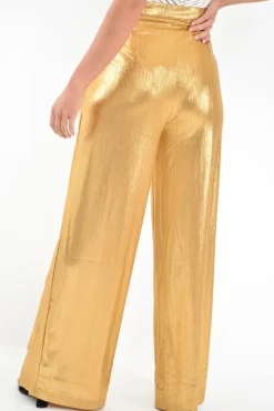 Rebellious Fashion Gold Metallic High Waist Wide Leg Trousers - Lissette