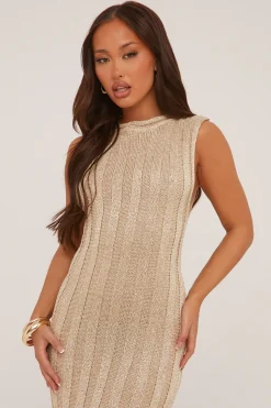 Rebellious Fashion Gold Metallic Knit Twist Back Maxi Dress - Annrose