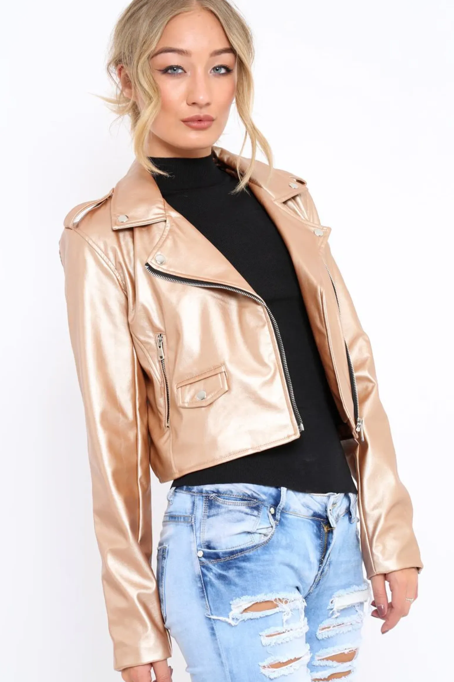 Rebellious Fashion Gold Metallic Leather Jacket - Adrienne