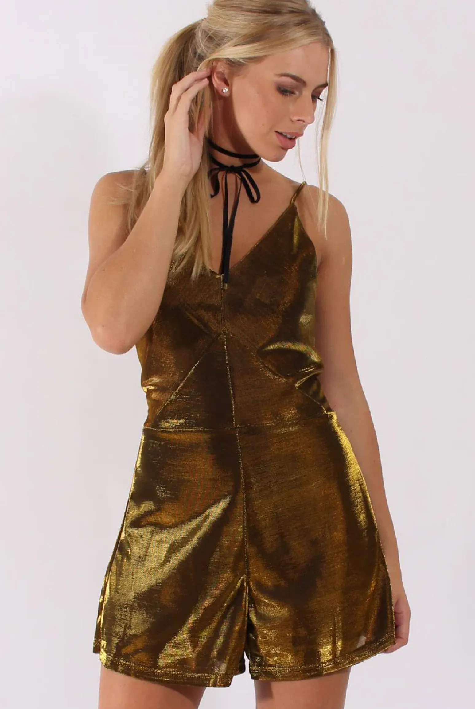 Rebellious Fashion Gold Metallic Playsuit - Citron