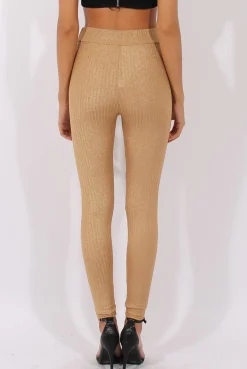 Rebellious Fashion Gold Metallic Ribbed High Waisted Leggings - Yasmin