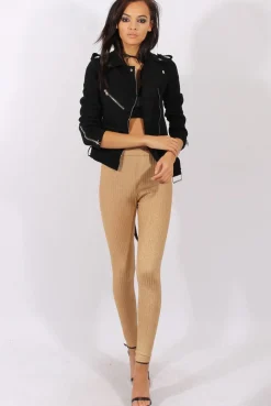 Rebellious Fashion Gold Metallic Ribbed High Waisted Leggings - Yasmin