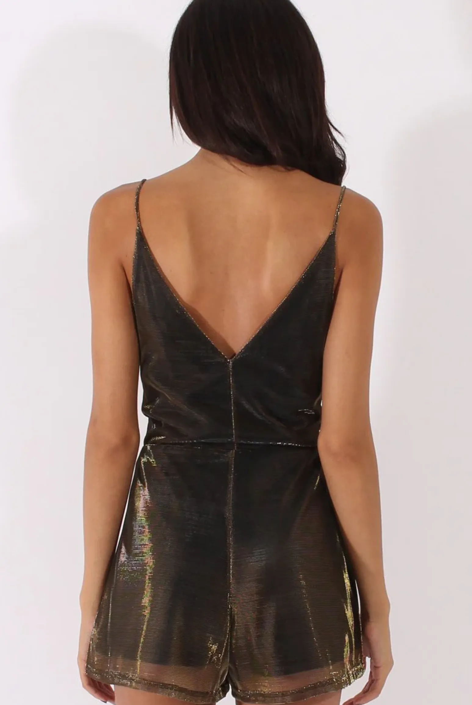 Rebellious Fashion Gold Metallic Strappy V Neck Playsuit - Patricia