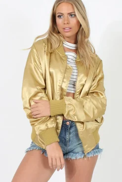 Rebellious Fashion Gold Satin Bomber Jacket - Neve