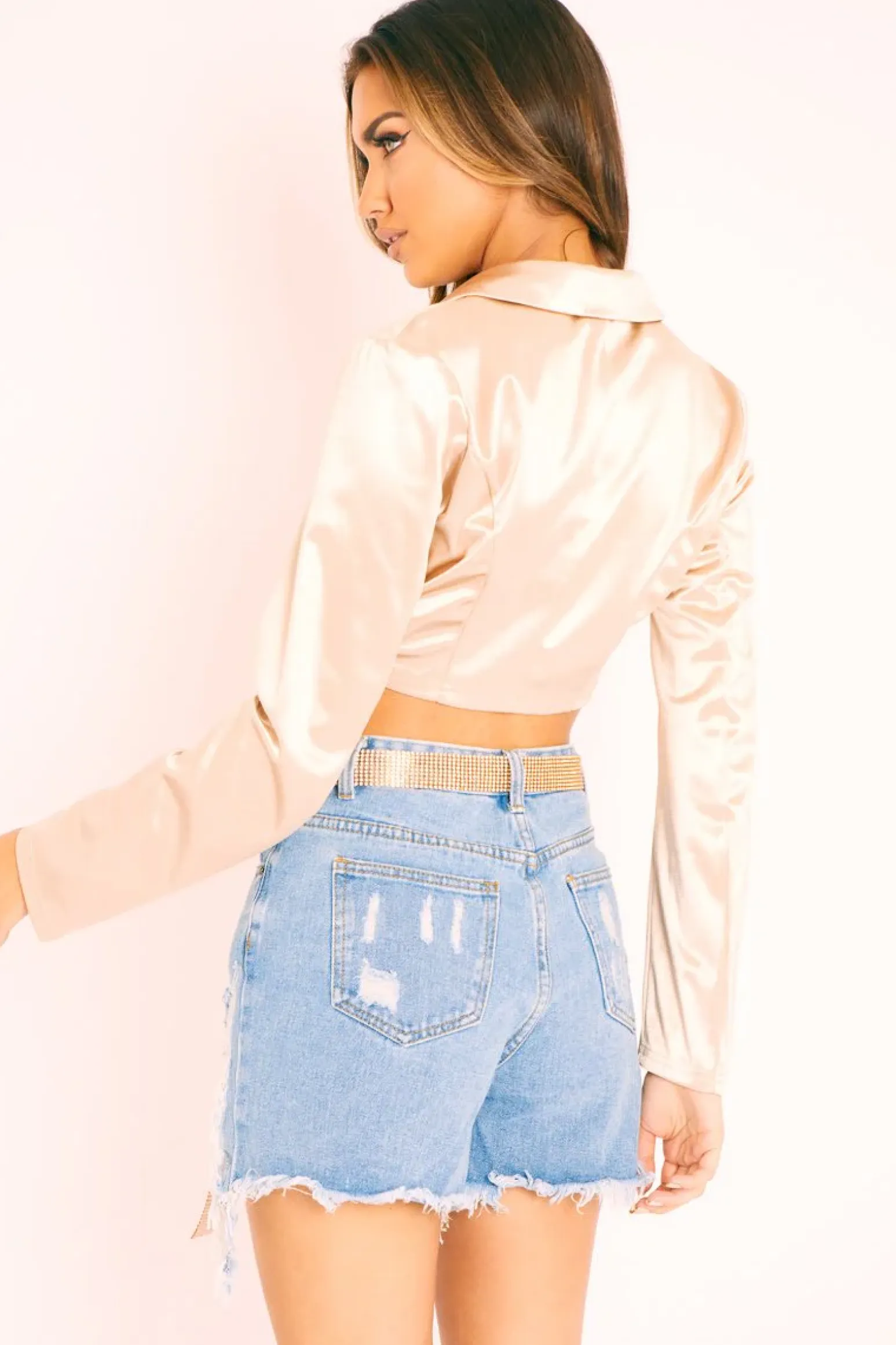 Rebellious Fashion Gold Satin Corset Detail Plunge Blouse - Myha