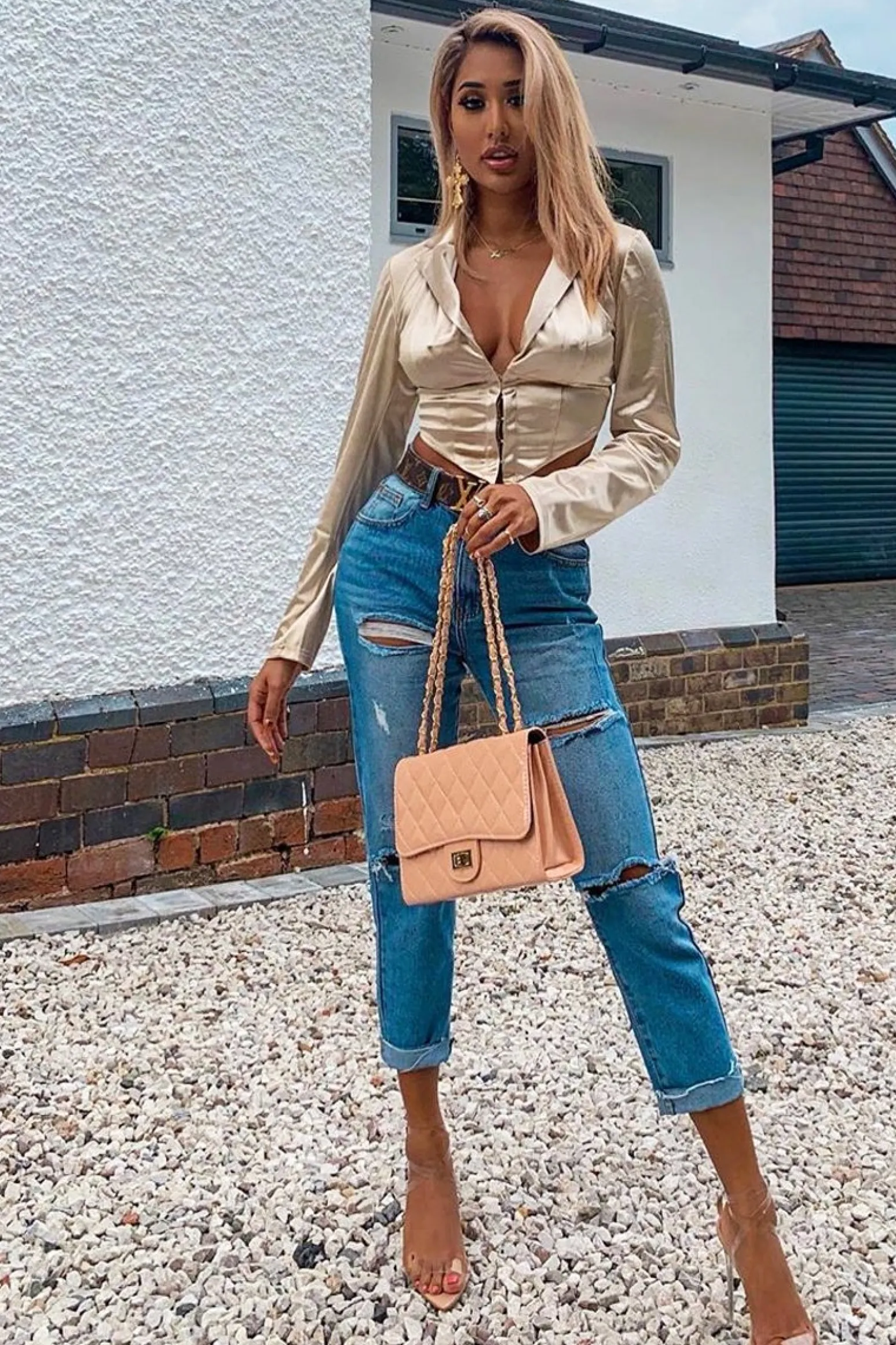 Rebellious Fashion Gold Satin Corset Detail Plunge Blouse - Myha