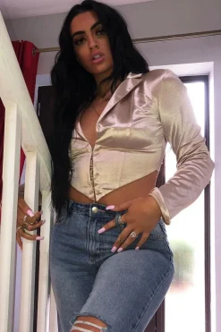 Rebellious Fashion Gold Satin Corset Detail Plunge Blouse - Myha