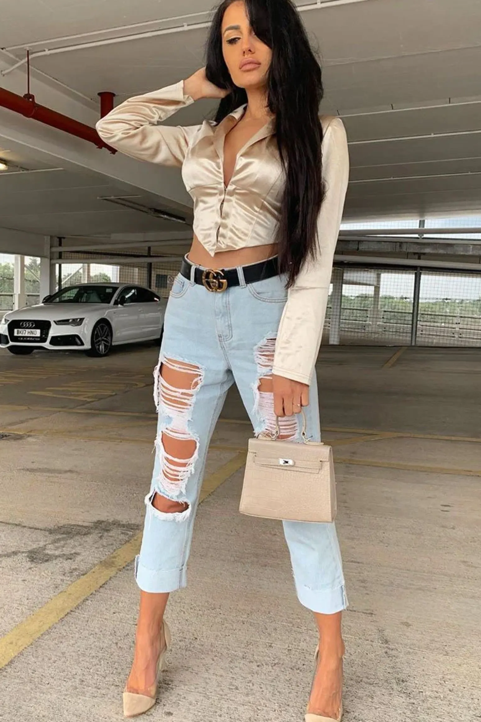 Rebellious Fashion Gold Satin Corset Detail Plunge Blouse - Myha