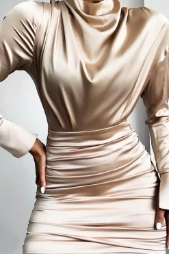 Rebellious Fashion Gold Satin High Neck Ruched Side Detail Dress - Rae