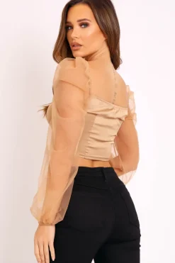 Rebellious Fashion Gold Satin Mesh Sleeve Ruched Detail Crop Top - Rya