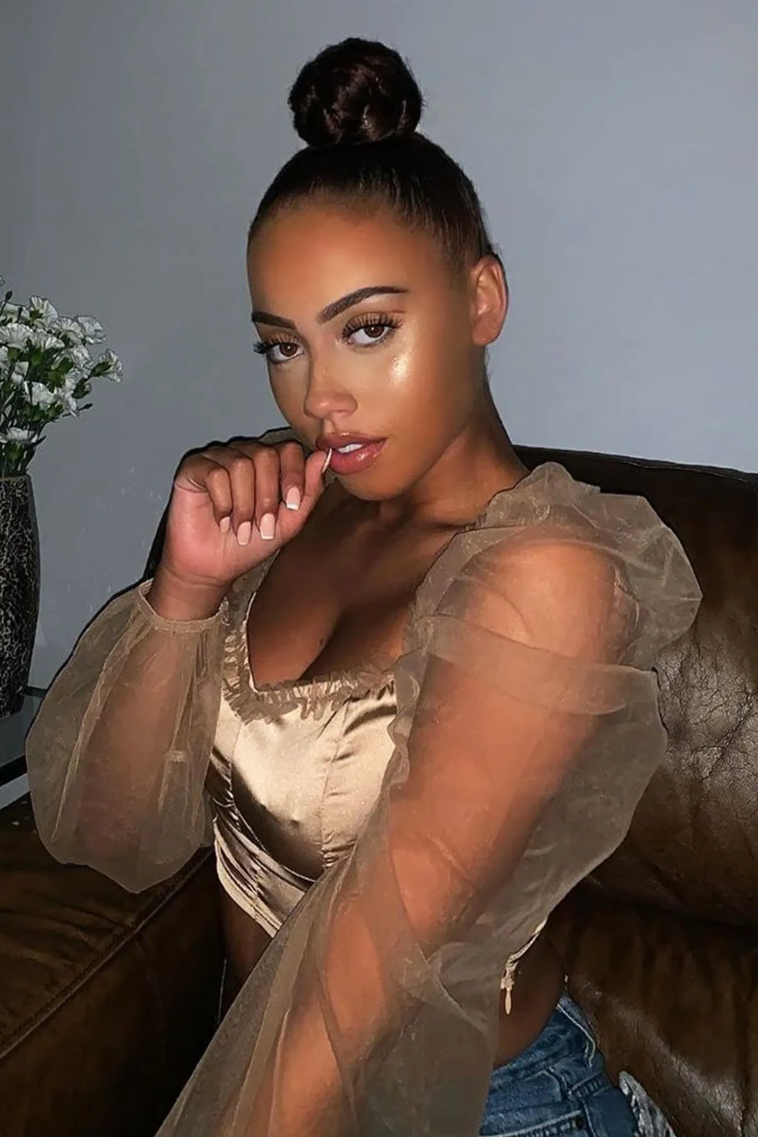 Rebellious Fashion Gold Satin Mesh Sleeve Ruched Detail Crop Top - Rya