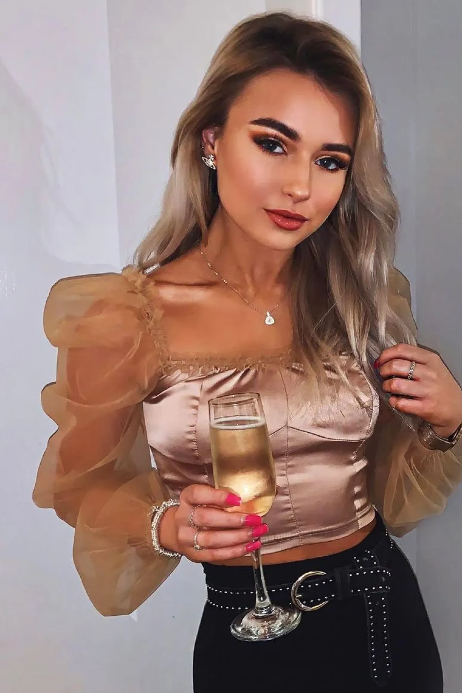 Rebellious Fashion Gold Satin Mesh Sleeve Ruched Detail Crop Top - Rya