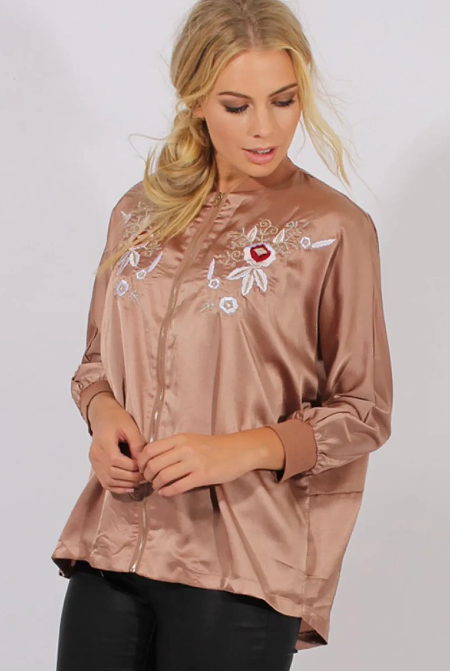 Rebellious Fashion Gold Satin Oversized Embroidered Jacket - North