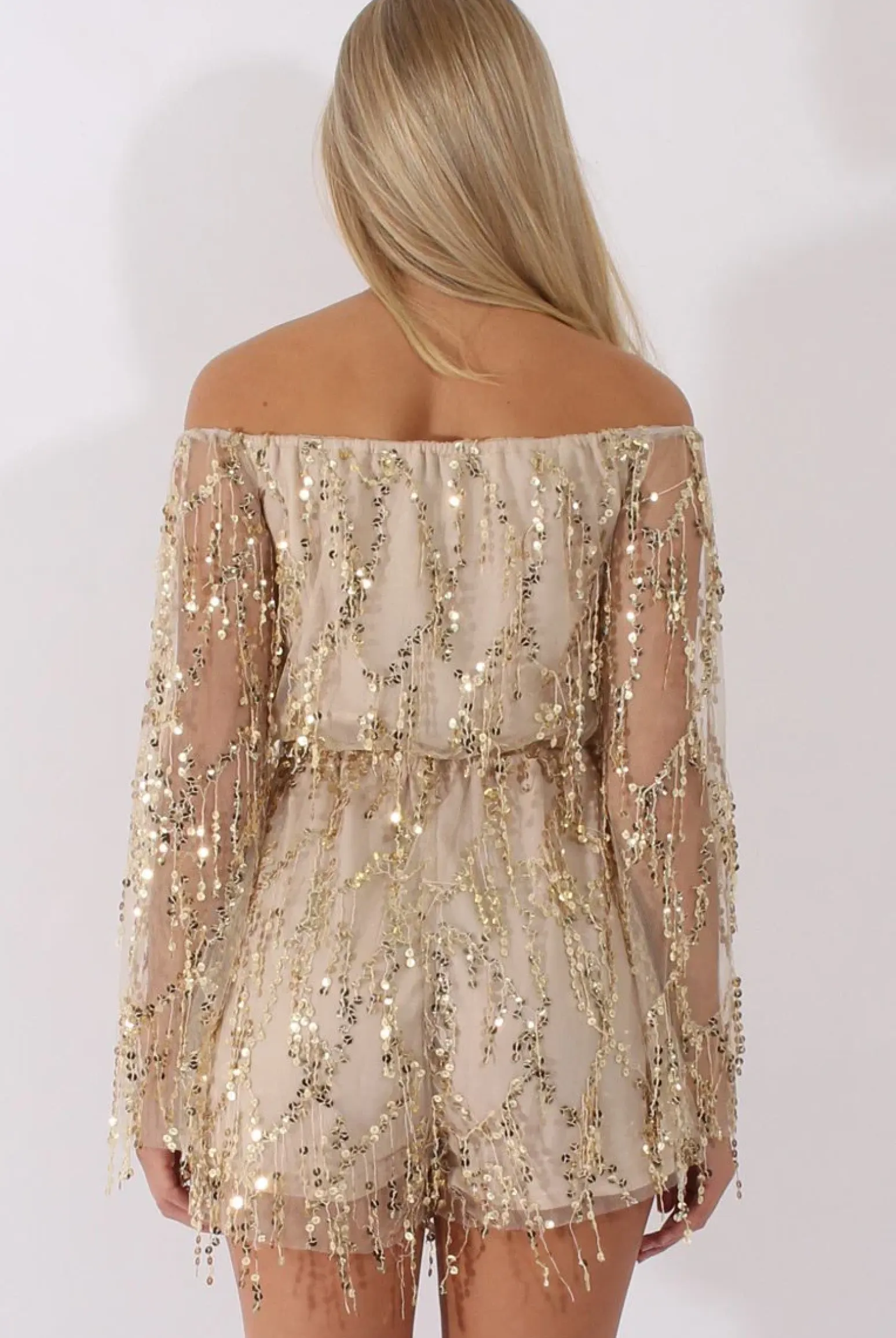 Rebellious Fashion Gold Sequin Bardot Playsuit - Sadira