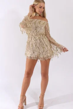 Rebellious Fashion Gold Sequin Bardot Playsuit - Sadira