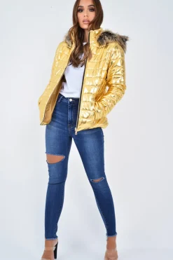 Rebellious Fashion Gold Wet Look Puffer Coat - Soph