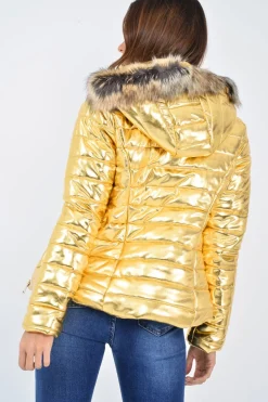 Rebellious Fashion Gold Wet Look Puffer Coat - Soph