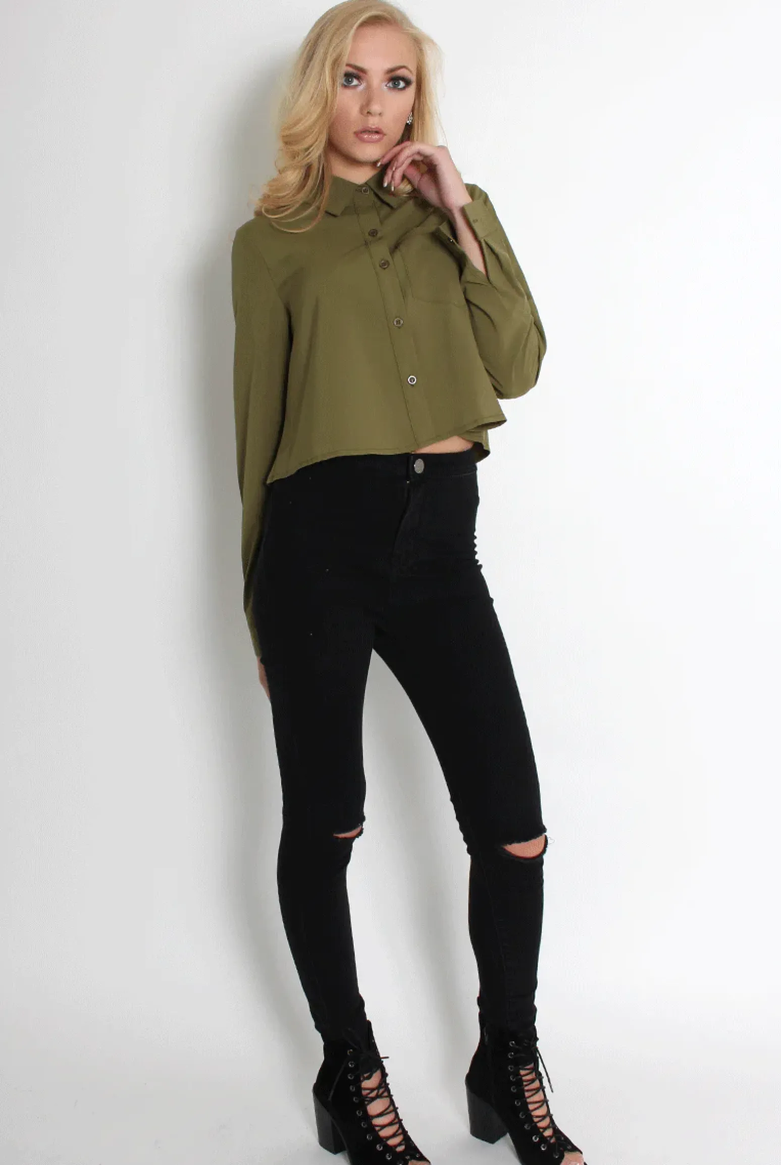 Rebellious Fashion Grace Khaki Long Sleeved Cropped Shirt