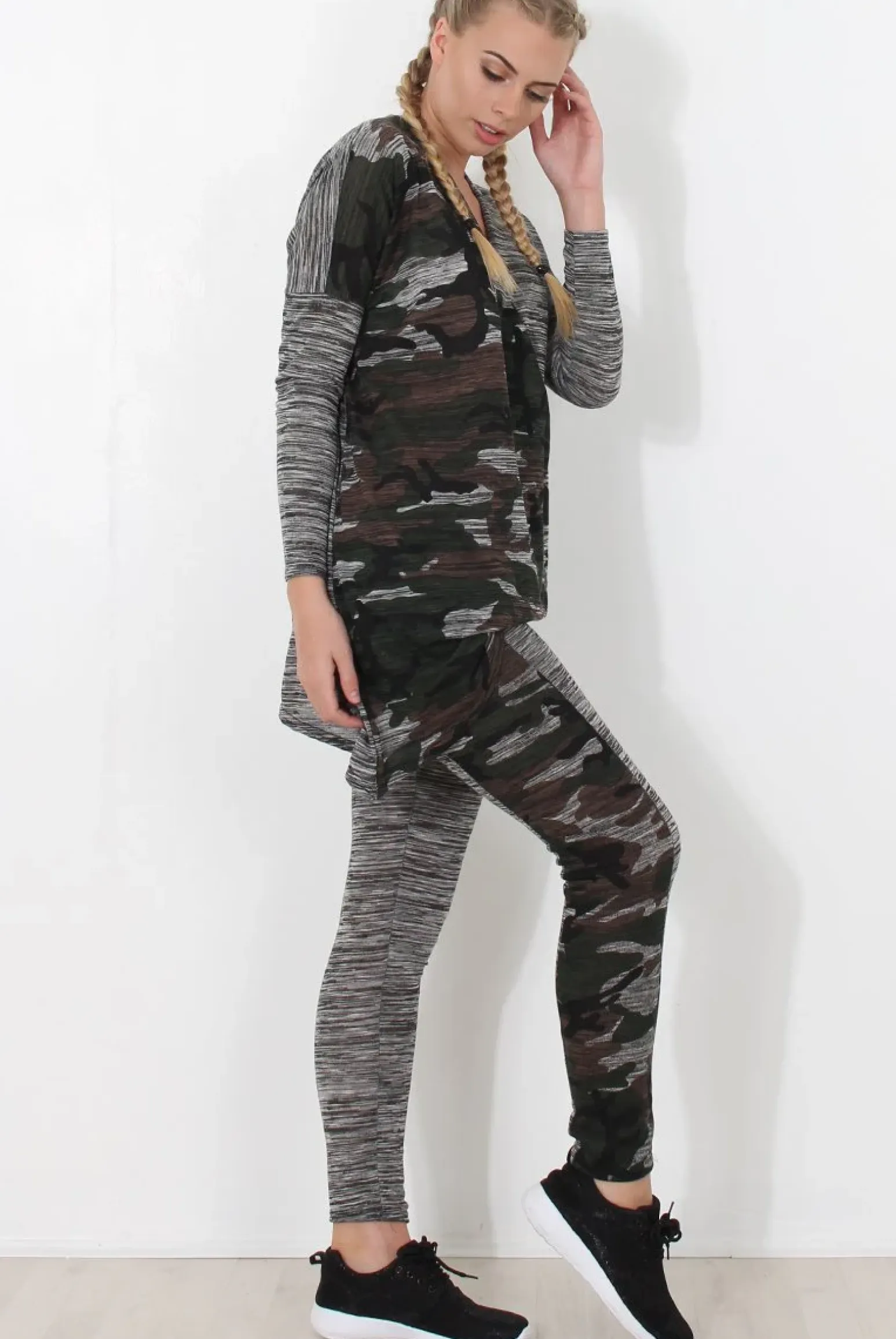 Rebellious Fashion Gracie Grey Camouflage Asymmetric Loungewear set