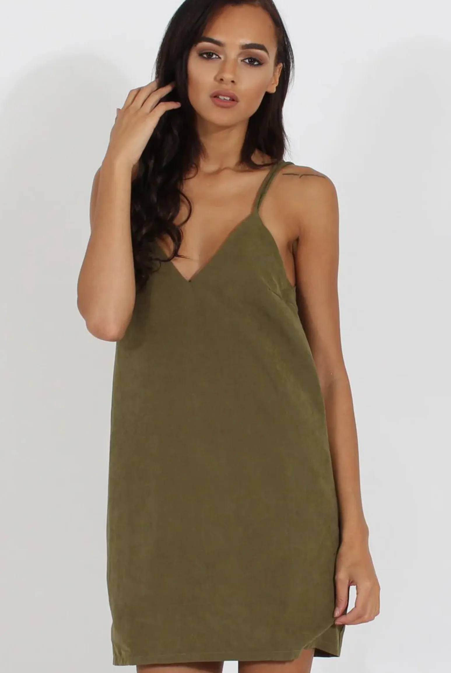 Rebellious Fashion Green Faux Suede Strappy Back Slip Dress - Sylvie