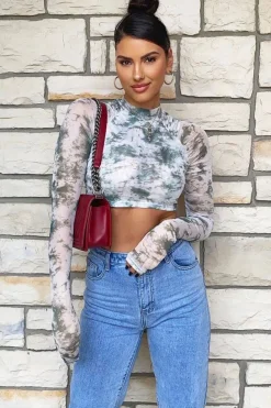 Rebellious Fashion Green Marble Ruched Inside Mesh Crop Top - Mally