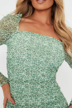 Rebellious Fashion Green Puff Sleeve Floral Mesh Side Ruched Dress - Cyrene