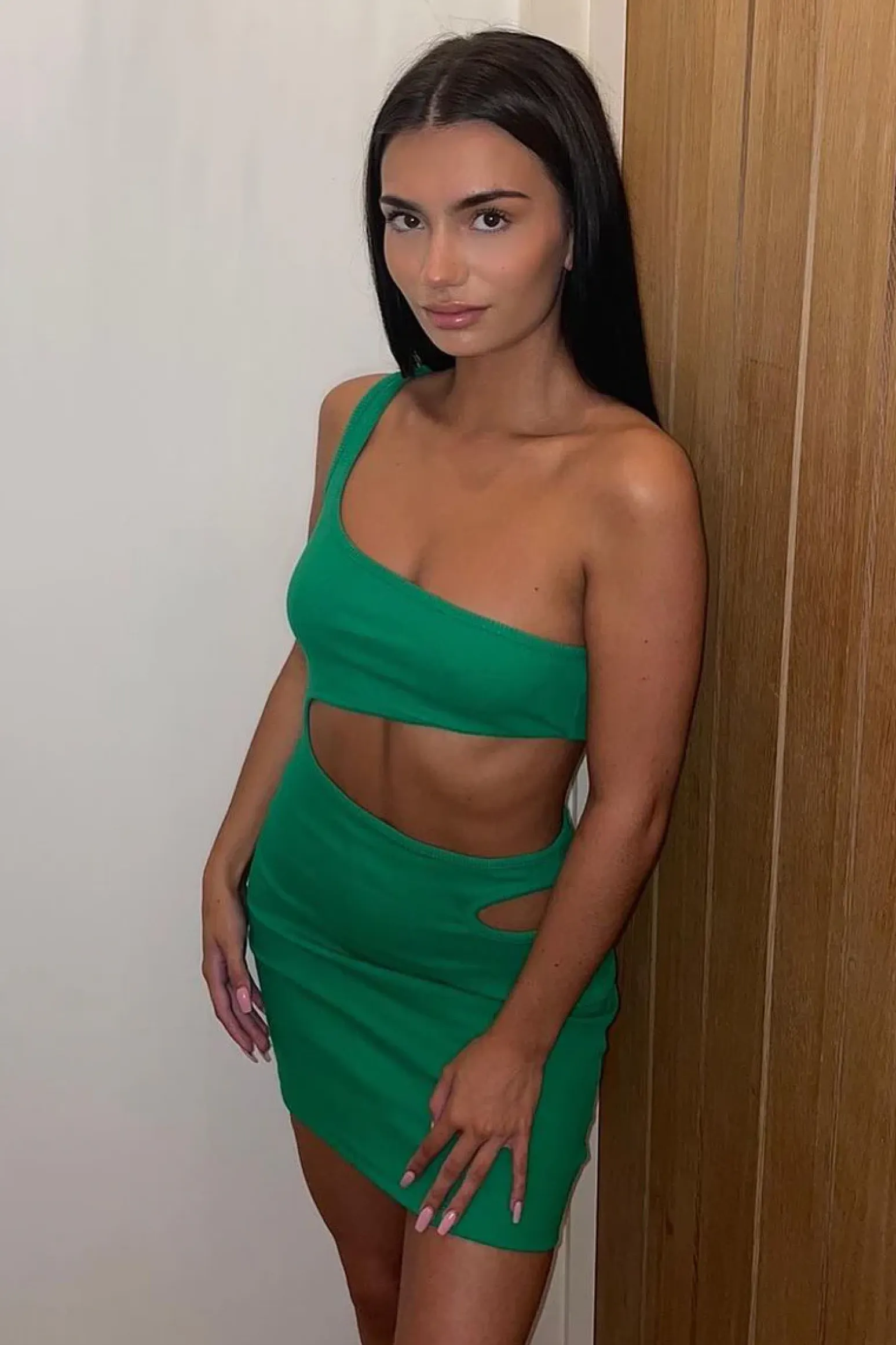 Rebellious Fashion Green Rib One Shoulder Side Cut Outs Mini Dress - Noelle