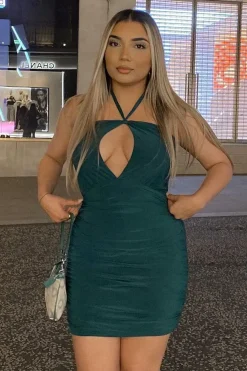 Rebellious Fashion Green Tie Knot Halter Neck Ruched Slinky Mini Dress - Liv