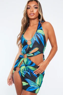 Rebellious Fashion Green Tropical Cut Out Ring Detail Halter Neck Mini Dress - Marzi