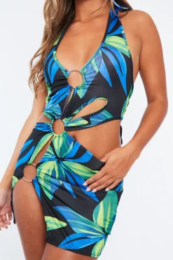 Rebellious Fashion Green Tropical Cut Out Ring Detail Halter Neck Mini Dress - Marzi