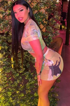 Rebellious Fashion Green Abstract Print Mesh Crop Top And Mini Skirt Co-Ord - Ovi