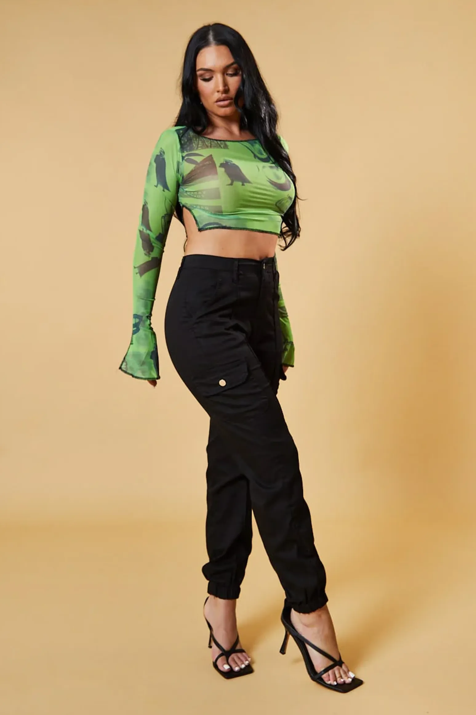 Rebellious Fashion Green Abstract Print Mesh Cropped Top - Cucu