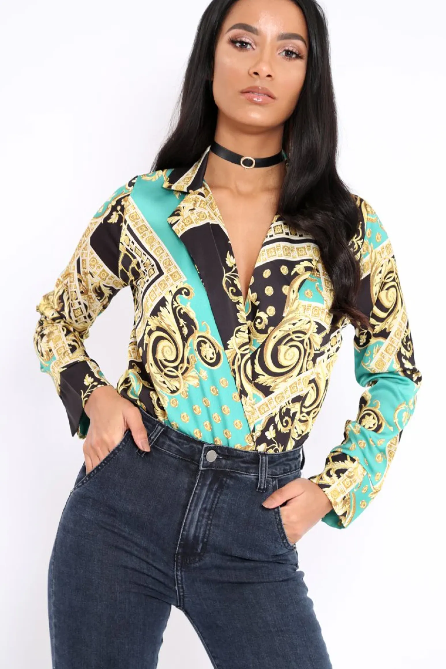 Rebellious Fashion Green and Gold Scarf Print Satin Plunge Bodysuit - Moniqua