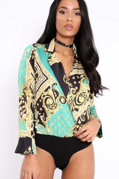 Rebellious Fashion Green and Gold Scarf Print Satin Plunge Bodysuit - Moniqua