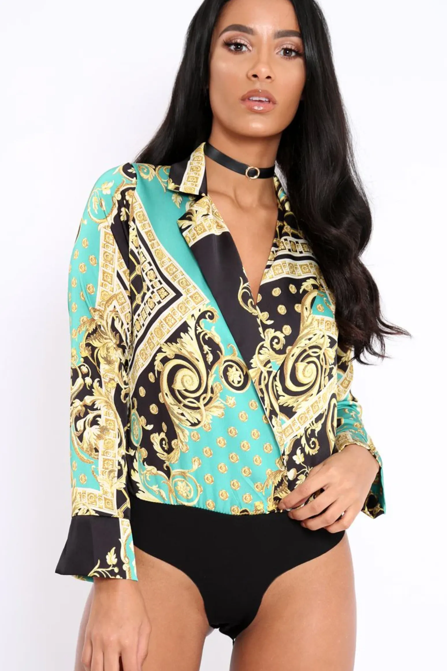 Rebellious Fashion Green and Gold Scarf Print Satin Plunge Bodysuit - Moniqua