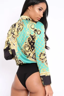 Rebellious Fashion Green and Gold Scarf Print Satin Plunge Bodysuit - Moniqua