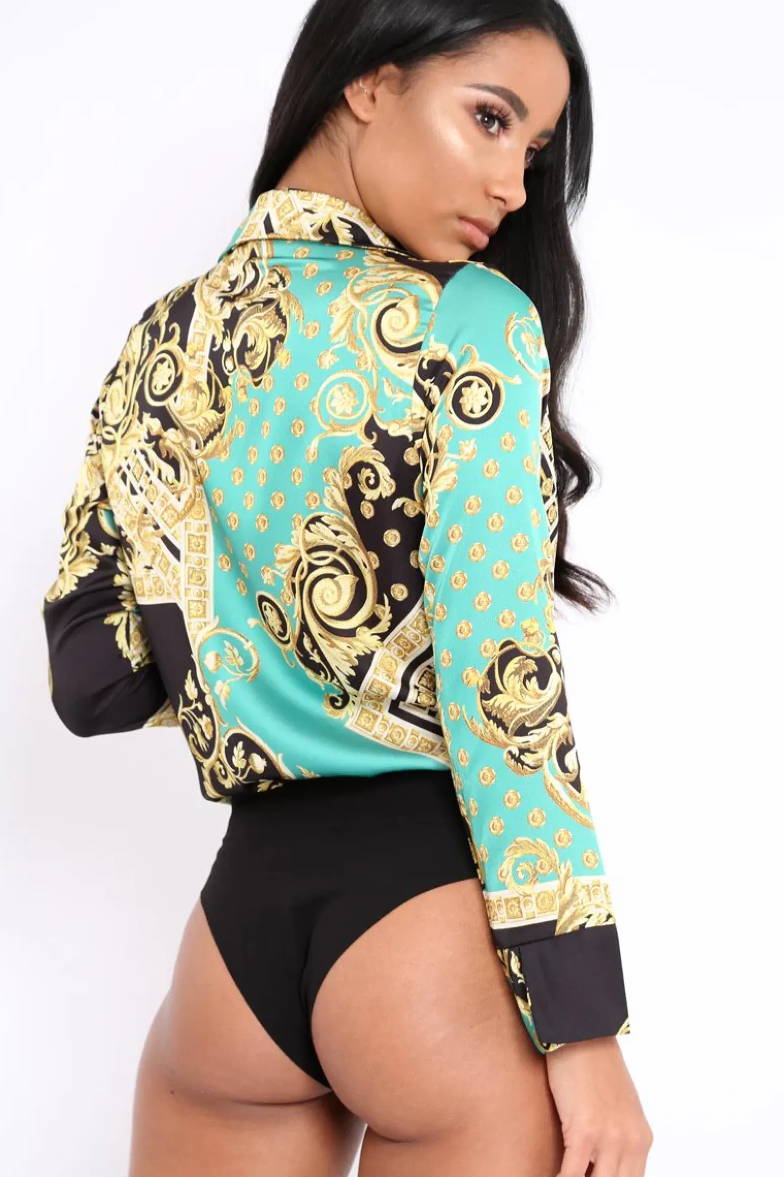 Rebellious Fashion Green and Gold Scarf Print Satin Plunge Bodysuit - Moniqua