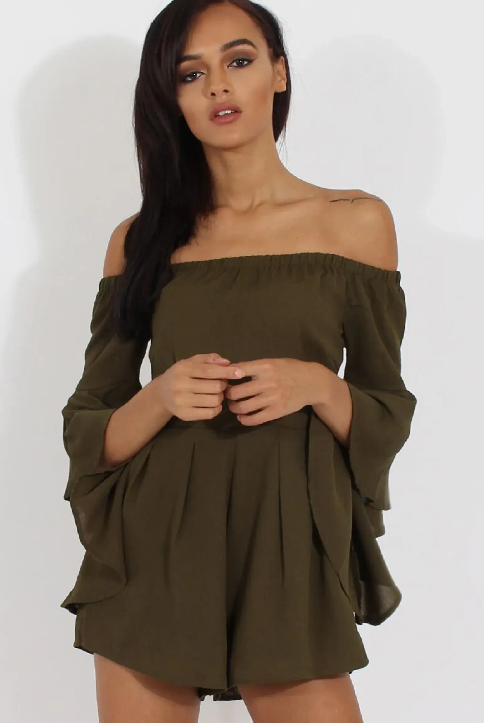 Rebellious Fashion Green Bardot Cropped Bell Sleeve Playsuit - Fabiana