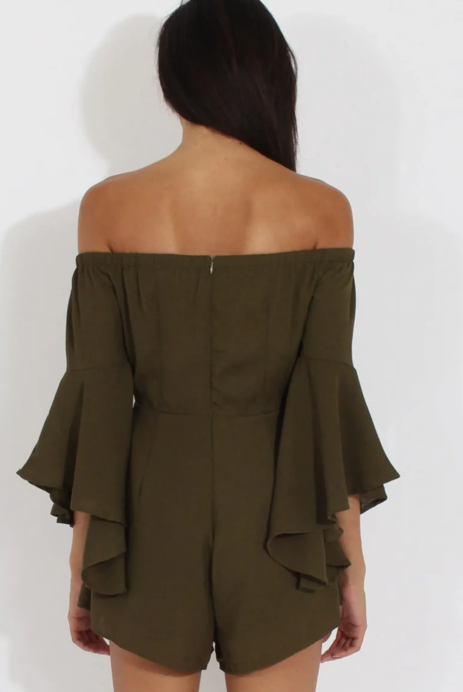 Rebellious Fashion Green Bardot Cropped Bell Sleeve Playsuit - Fabiana