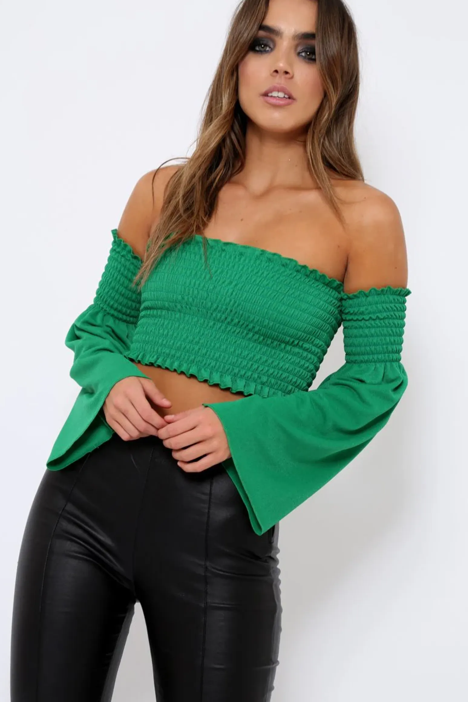 Rebellious Fashion Green Bardot Shirred Crop Top with Flared Sleeves - Shera