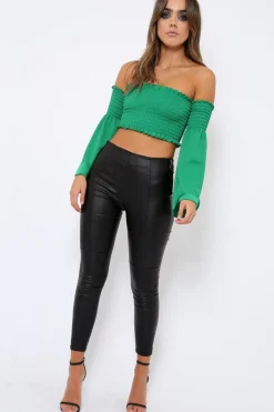 Rebellious Fashion Green Bardot Shirred Crop Top with Flared Sleeves - Shera