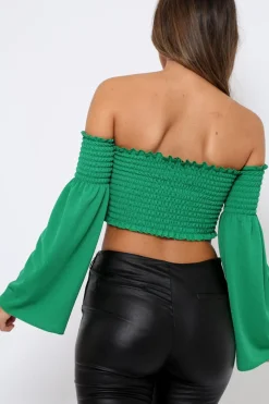 Rebellious Fashion Green Bardot Shirred Crop Top with Flared Sleeves - Shera