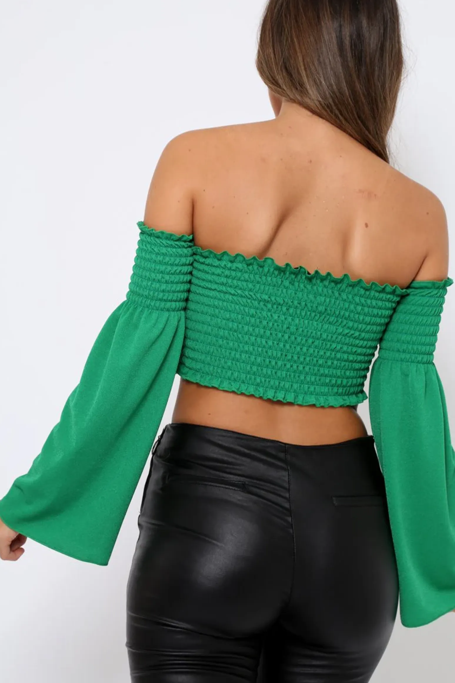 Rebellious Fashion Green Bardot Shirred Crop Top with Flared Sleeves - Shera