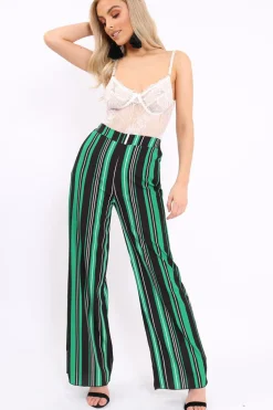 Rebellious Fashion Green, Black and White Striped High Waist Flare Trousers - Jen