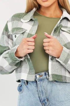 Rebellious Fashion Green Brushed Checked Cropped Shacket - Carina